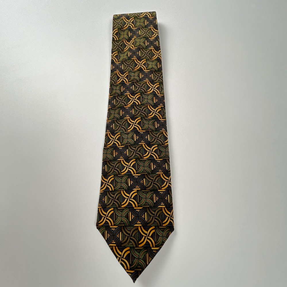 J. Garcia Stonehenge Green Gold Black‎ Geometric Abstract 100% Silk USA